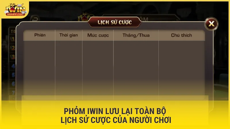 Phỏm Iwin lưu lại toàn bộ lịch sử cược của người chơi